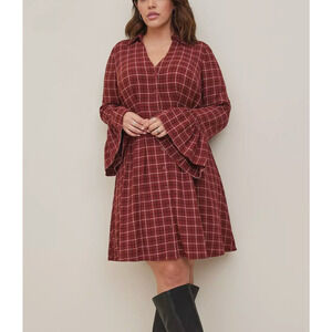 Torrid Brown Plaid Gauze Bell Long Sleeve Mini Shirt Dress Plus 1X Button Up NWT